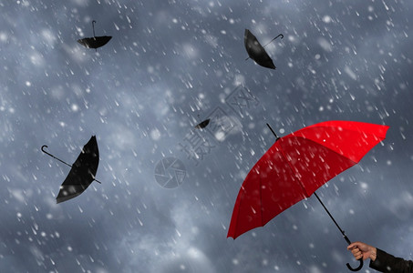 团体大片黑伞中的红暴风雨中的红伞人群独自图片