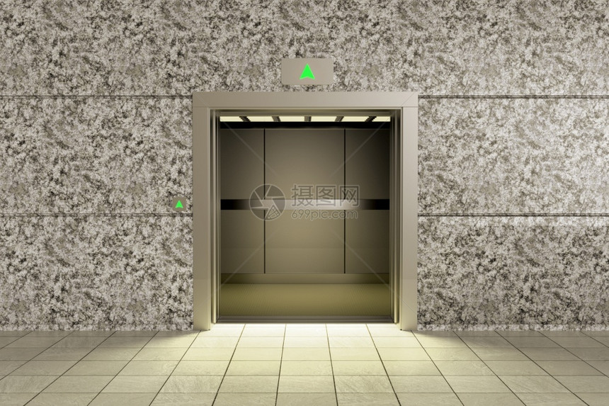 照片方向使成为空电梯上升的3D渲染图片