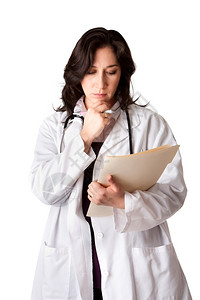 卫生保健白外套女医生检查病人历图表和考虑健康与世隔绝黑发担心图片