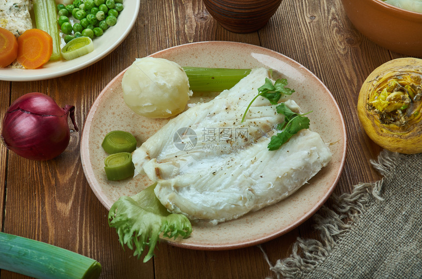 一顿饭Lutefisk是一些北欧的传统菜盘挪威烹饪传统各种菜类顶端观鳕鱼卢特菲斯克图片