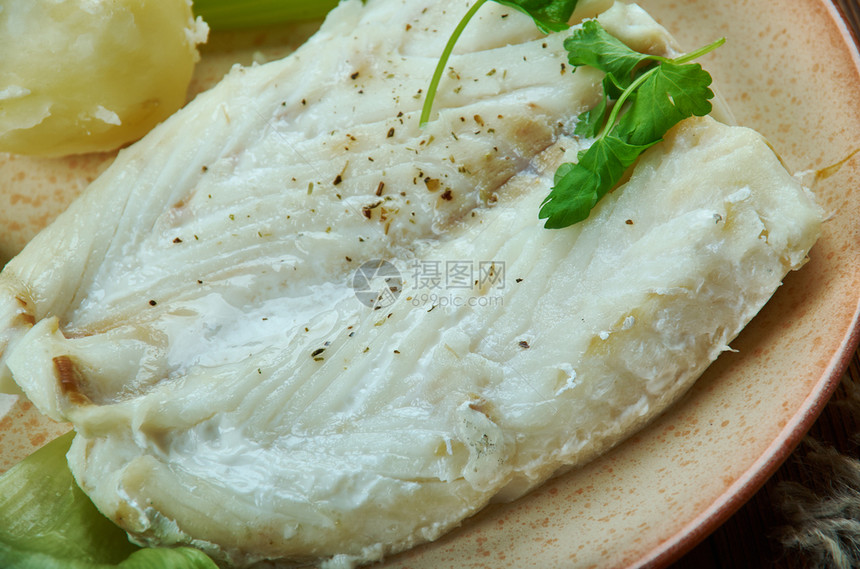 一顿饭美食Lutefisk是一些北欧的传统菜盘挪威烹饪传统各种菜类顶端观新鲜的图片