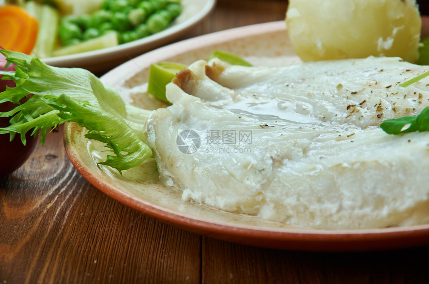 食物传统的卢特菲斯克Lutefisk是一些北欧的传统菜盘挪威烹饪传统各种菜类顶端观图片