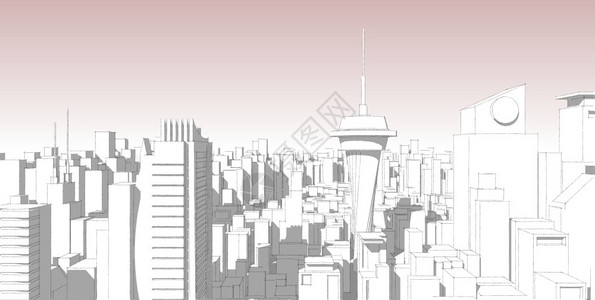 全景城市观Satch建筑草图3D插图手天际线水彩图片