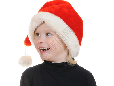 愉快戴着帽子的圣天窗孩孤立在白色背景上圣诞老人欣喜若狂图片