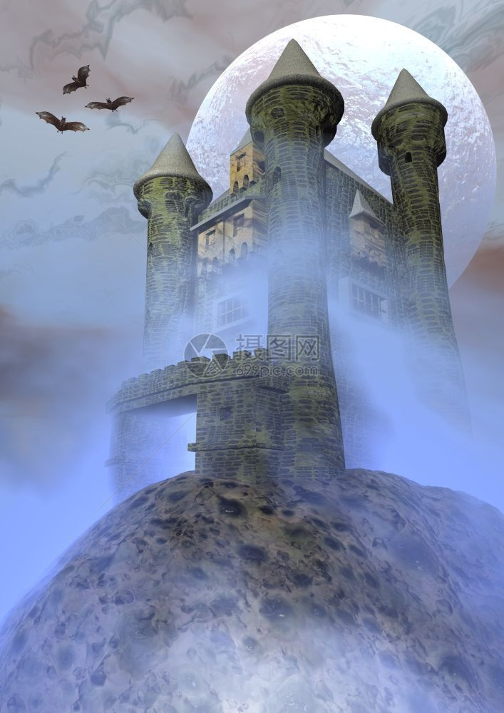 万圣节数字的怪异城堡有飞蝙蝠和夜与满月3D化身黑暗的图片