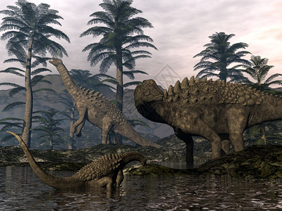 青石使成为Ampelosaurus恐龙家族在Cordaites树中行走3D渲染Ampelosaurus恐龙家族渲染数字的景观设计图片