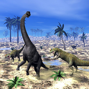 树在沙漠中攻击三维化身的无脊椎龙恐蜥脚类动物数字的图片
