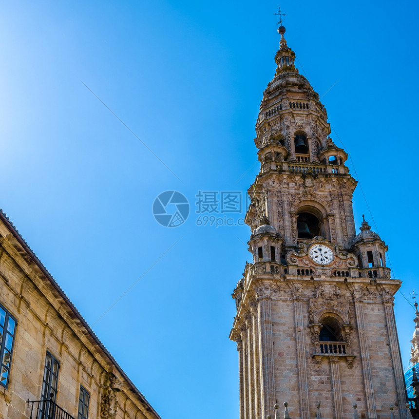 正面宗教建筑圣地亚哥德康波斯特拉大教堂西班牙朝圣场所加利西亚老的图片