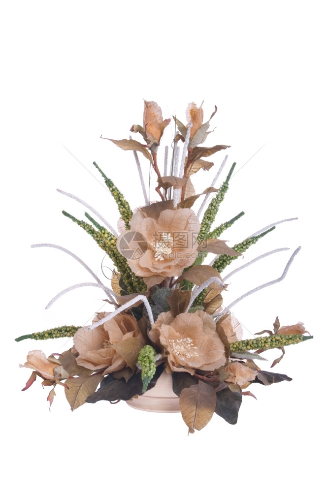 花瓶在白色背景上隔绝的锅里安排人造花朵盆栽图片