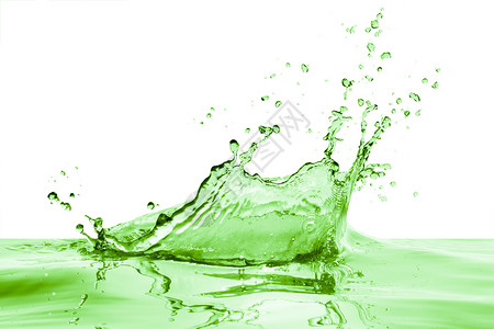 溅起流动白色背景的绿液体喷洒反射图片