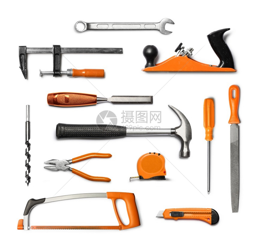 家改进工业的黑色和橙手用工具箱在白色背景上单独隔离手用工具包在白色背景上孤立图片