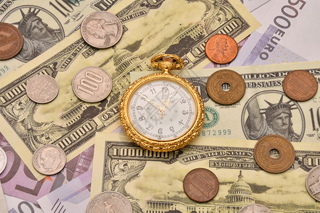 面值商业时间的概念是货币钞票硬和手表财富纸币图片