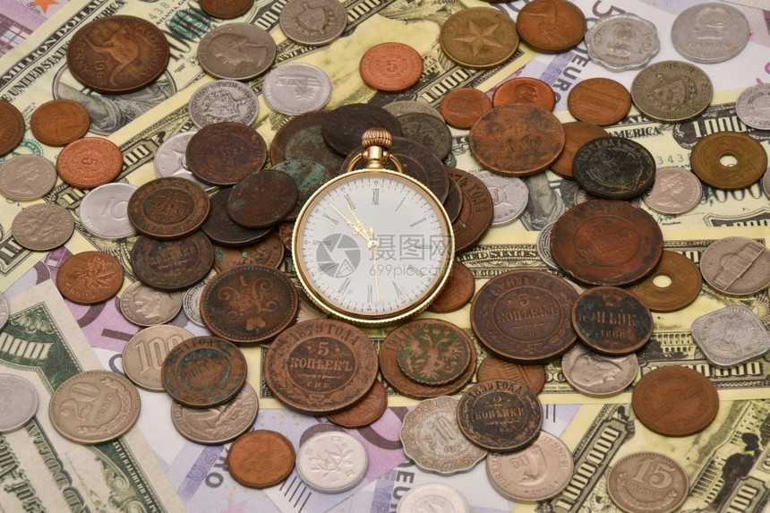 商业时间的概念是货币钞票硬和手表口袋纸币财富图片