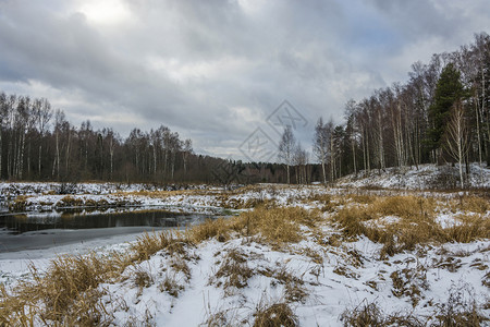 植物第一场白雪落在秋天的阴云落到小河岸上的黄干草地橙俄罗斯图片
