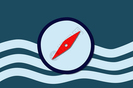 游艇波浪蓝色平面海洋贺卡上面有罗盘红箭旅行概念指南和红箭插画