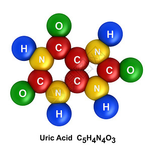 尿酸蓝色的3d在白背景上分离的硫酸子结构3d转化Atoms代表为有色和化学符号氢H蓝色氧绿氮N黄碳C红编码的球体渲染科学设计图片