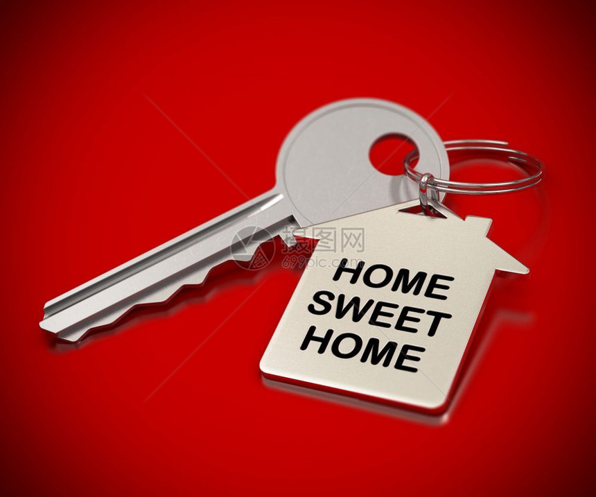租约写在金属钥匙环上的家庭甜蜜红背景的温甜庭红色背景的金银键上形状单词屋图片