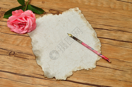 古老的喷泉笔旧纸和粉红玫瑰色的优质写图片