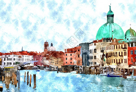 威尼斯贡多拉意大利威尼斯主要水运河房屋和贡多拉斯的主要水渠房屋和歌多拉斯的数码生成画老镇吊船插画