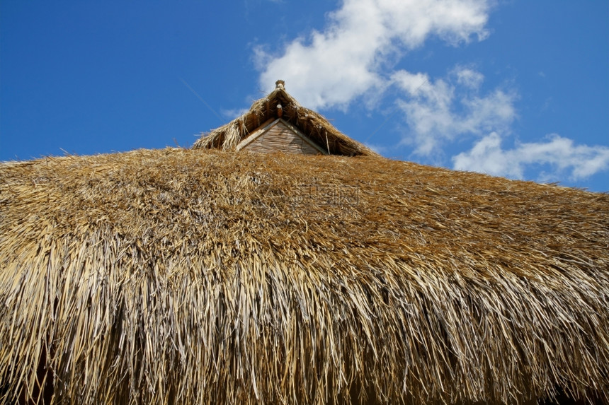 本国的传统非洲屋顶着蓝色的天空和云彩原始水平的图片