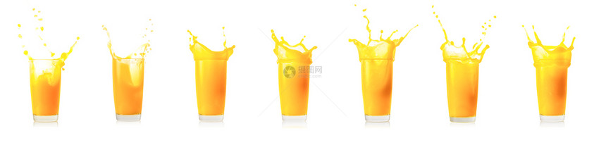 健康早餐茶点在玻璃橙汁中收集在白色背景上隔绝的彩虹果汁杯中采集的花样和以橙汁杯中采集的花样图片