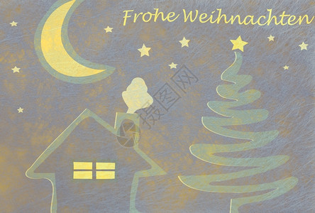 字魏纳赫滕快活圣诞树房子和月以及圣诞节快乐的德语词圣诞卡片图片