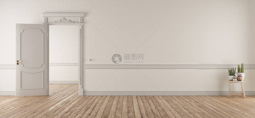 成型公寓白色客厅典型风格开着门和硬木地板3D为白色客厅经典风格开着门室内的图片