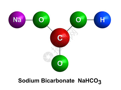 插图红色的碳酸氢钠白底原子上分离的碳酸钠子结构3d成形以色状和化学符号表列为氢H蓝色氧绿碳C红纳紫罗兰编码的球体设计图片