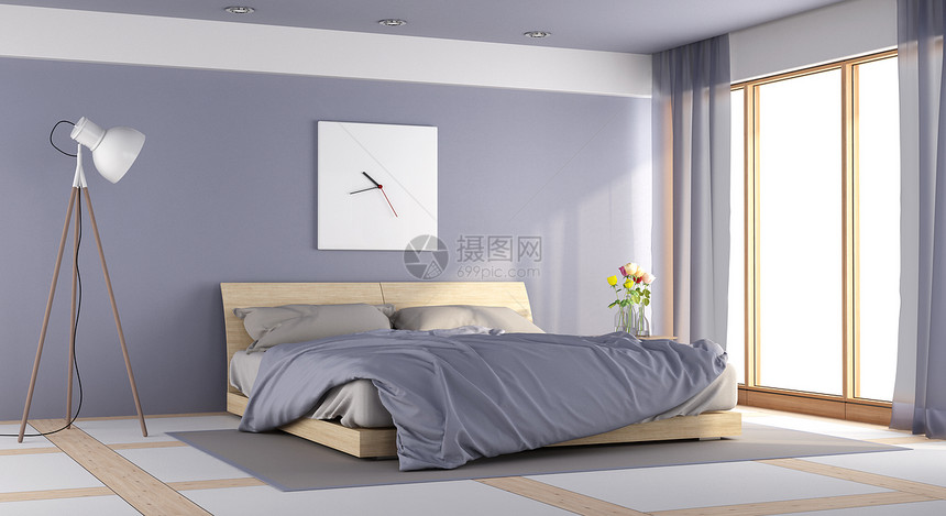 房间家现代紫色卧室配有双床地板灯和鲜花镶木地板图片