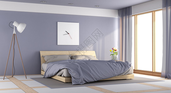 房间家现代紫色卧室配有双床地板灯和鲜花镶木地板图片