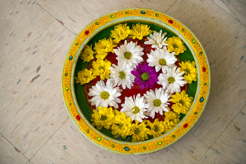 安排好的在水花瓶中安排的多彩花朵漂浮季节图片