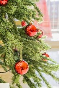 目的颜色圣诞树上挂吊球绞刑图片