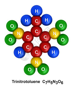 三红蜜柚黄色的白背景上孤立的三硝基甲苯分子结构的3d交式Atoms以含氟H蓝色氧化氢绿色氮N黄碳C红的颜和化学符号编码为星体球象征设计图片