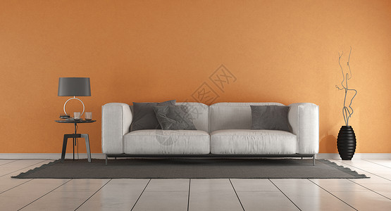 建筑学房间带有橙色墙和黑地毯上白色沙发的客厅3天用橙色墙和现代沙发作为客厅室内的背景图片