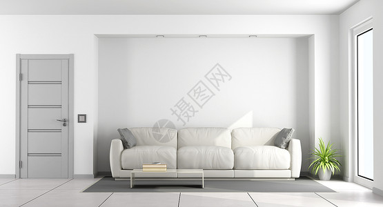 当代的枕头墙白色沙发在客厅白一个有闭着门和窗户的客厅里3D图片