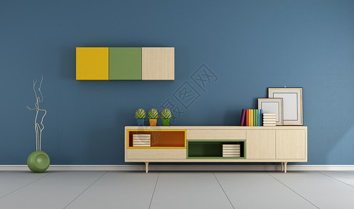 橙渲染蓝色起居室客厅现代有书本和空白框的壁橱3D空白的图片