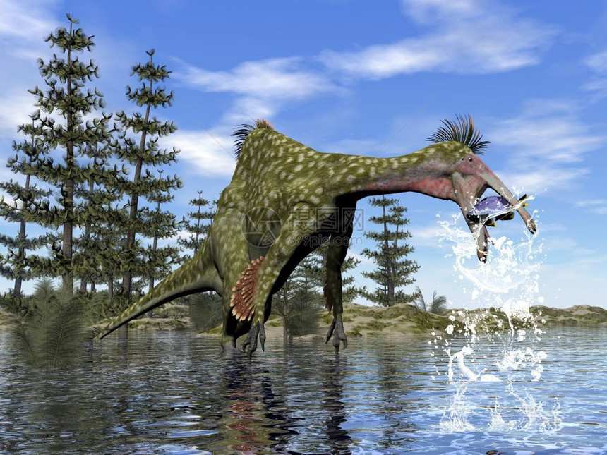 甲癣自然恐手龙白天捕鱼3D渲染恐手龙捕鱼渲染湖图片