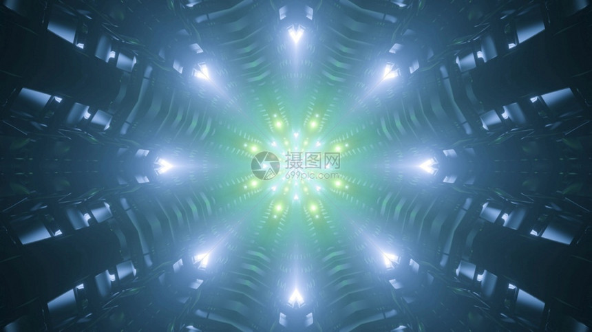 充满活力水平的几何学Kaleidoscocpic3D亮绿色和蓝灯的插图点亮抽象水晶隧道3D说明有灯的对称隧道图片