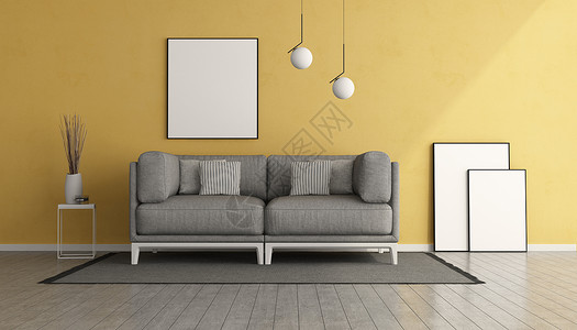 渲染居住黄色客厅灰沙发和空白图片框3D为黄色客厅灰沙发镶木地板背景图片