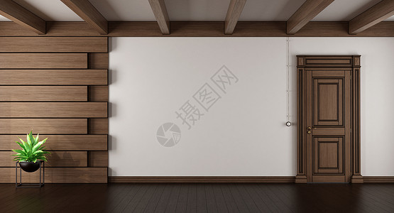 空的优雅客厅带有深木板和闭门3D居住建筑学室内的图片