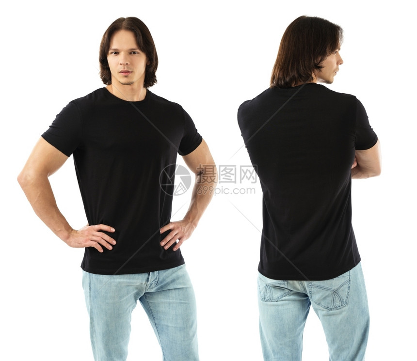 为了身穿黑色T恤前背和面的肌肉男照片已准备好供设计或艺术品使用模型最佳图片