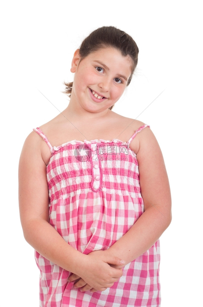 白色的门户14愉快可爱的小女孩肖像微笑在粉红色顶部与白背景隔绝图片