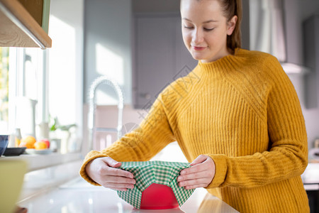 二十多岁午餐有机的女在可再利用环境友好型蜜蜂球包装中打食物碗图片