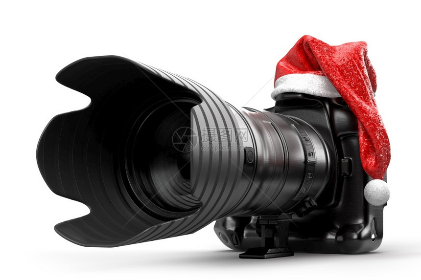专业DSLR摄影机在红色圣诞礼帽3D下显示放大镜实际的飞涨娱乐图片