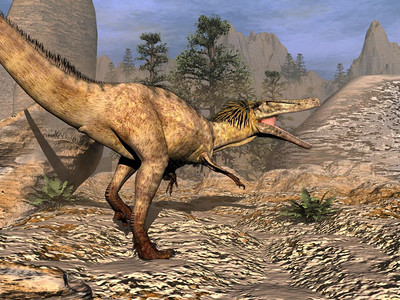食腐动物数字的使成为日落前在沙漠中行走的食虫恐龙通过日落3D使食虫恐龙步行3D古艺术设计图片