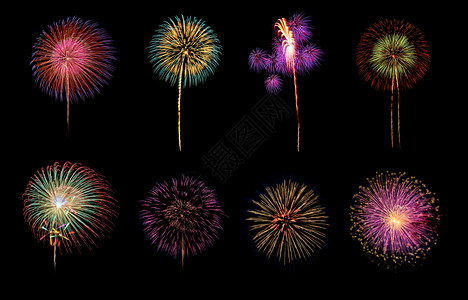 周年纪念日黑色背景上八烟花的庆典发光的图片