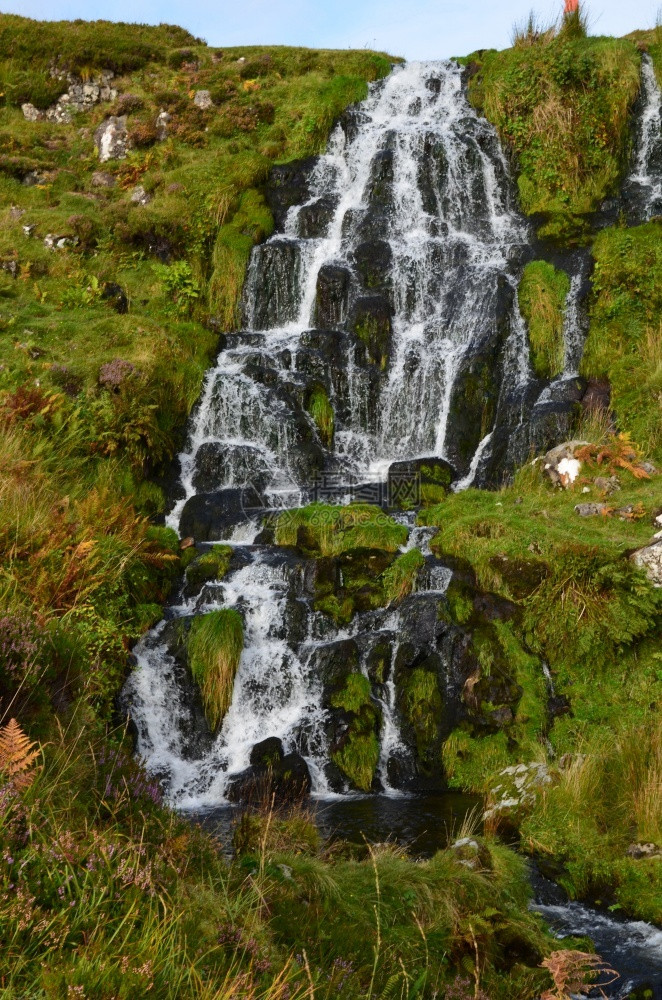 旅行绿色在苏格兰惊人瀑布的岩石上生长着美丽的青绿苔水样图片