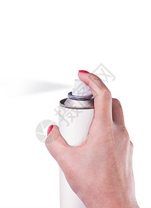 白色喷雾可隔离在妇女手上的白色背景气溶胶喷雾罐金属瓶涂料现实照片图像上艺术推动头发背景图片
