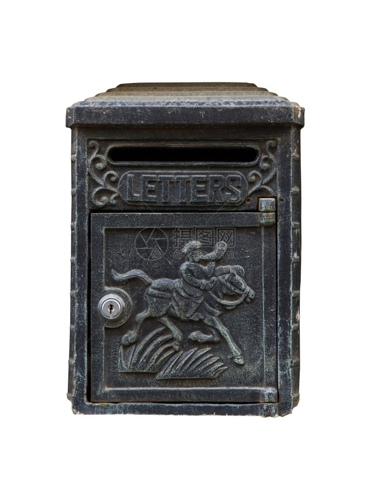 邮箱信黑铸铁纸盒白上孤立的黑箱刻着一匹马和骑士的雕刻交货图片