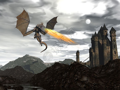 童话神幻想龙在夜里向老城堡喷火三维化身图片